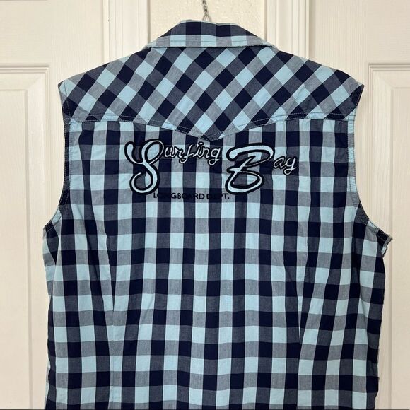 Colin’s Mens Sleeveless Button Down Blue Checkered Plaid Shirt Surfing Bay Large - Picture 9 of 11